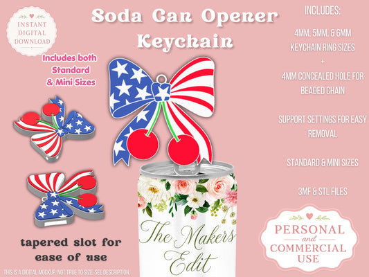 Soda Can Tab Opener Keychain 3D Printer File | Independence Day Coquette Bow Cherries STL 3MF | Commercial Use | Nail Saver Keychain