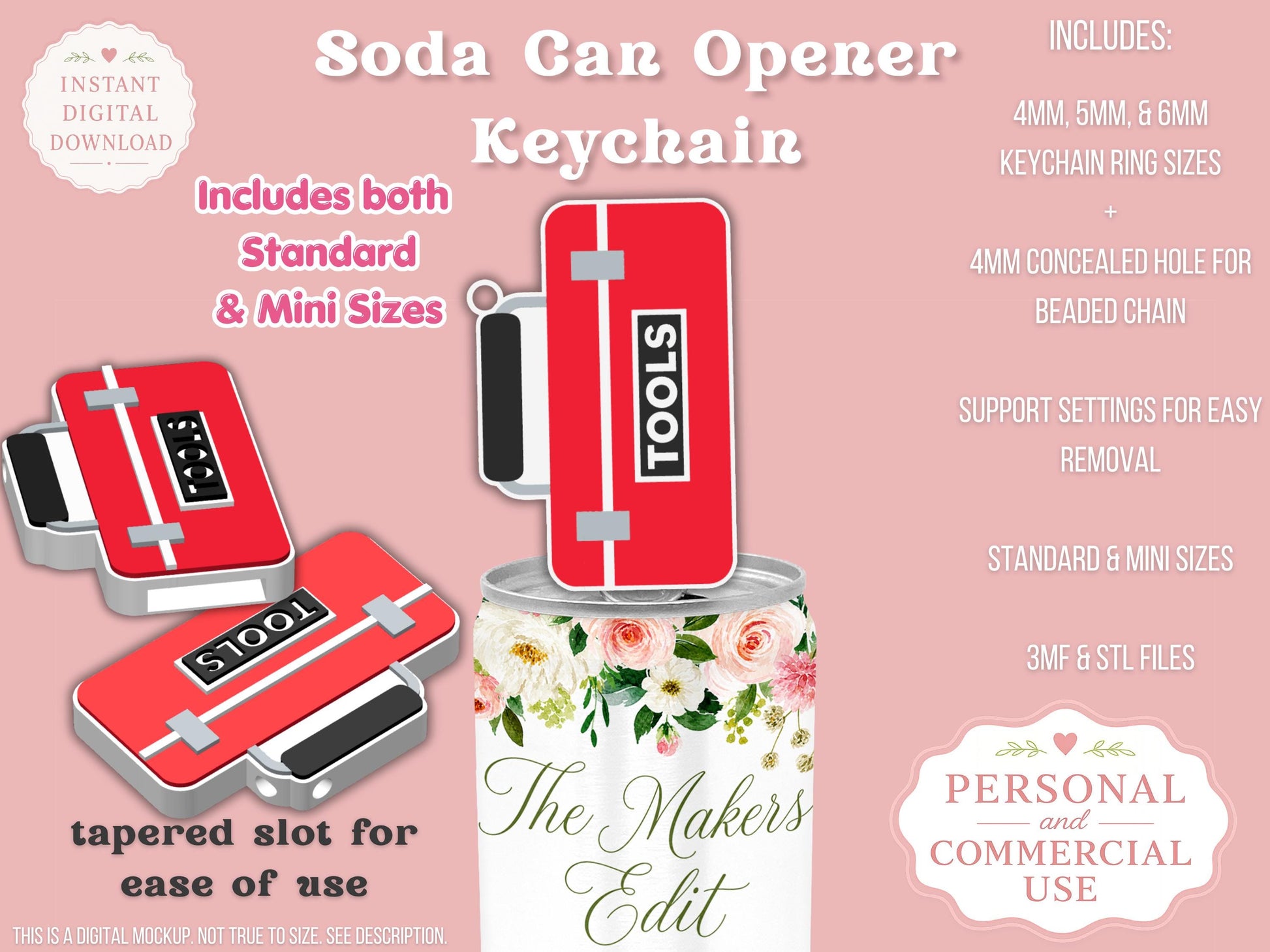 Soda Can Tab Opener Keychain 3D Printer File | Tool Box STL 3MF | Commercial Use | Nail Saver Keychain