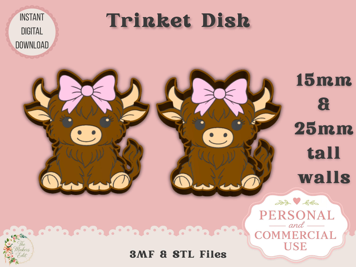 Trinket Dish 3D Printer File | Highland Cow with Bow | STL 3MF | Commercial Use | Multi-Color 3MF | STL File