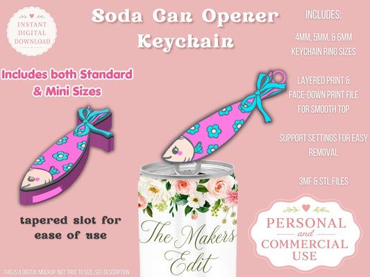 Soda Can Tab Opener Keychain 3D Printer File | Groovy Sardine | STL 3MF | Commercial Use | Nail Saver Keychain
