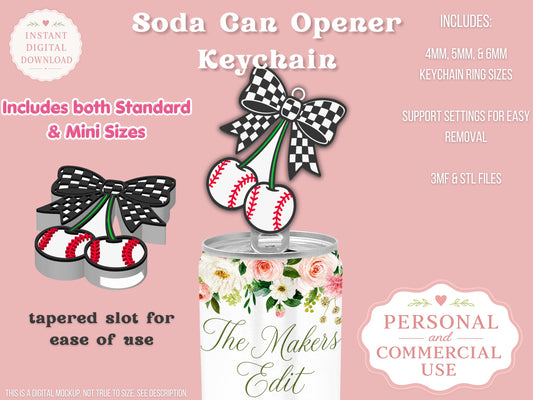 Soda Can Tab Opener Keychain 3D Printer File | Baseball Cherries Checkered Bow | STL 3MF | Commercial Use | Nail Saver Keychain