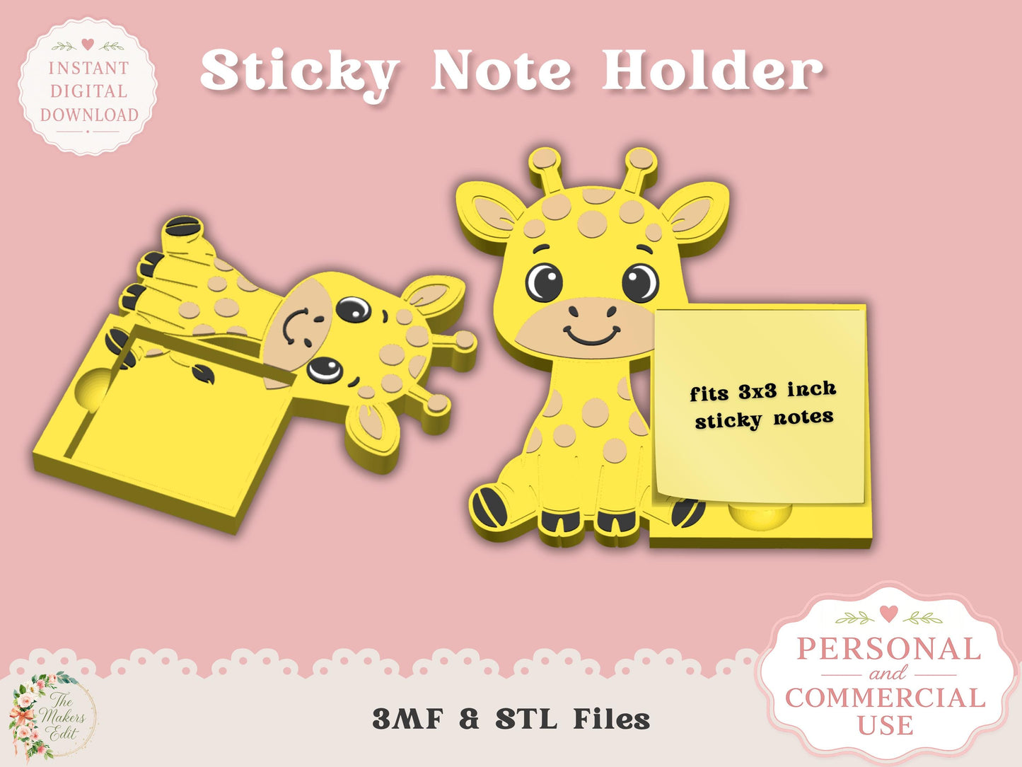 Sticky Note Holder 3D Printer File | Cute Giraffe | STL 3MF | Commercial Use | Desk Organizer