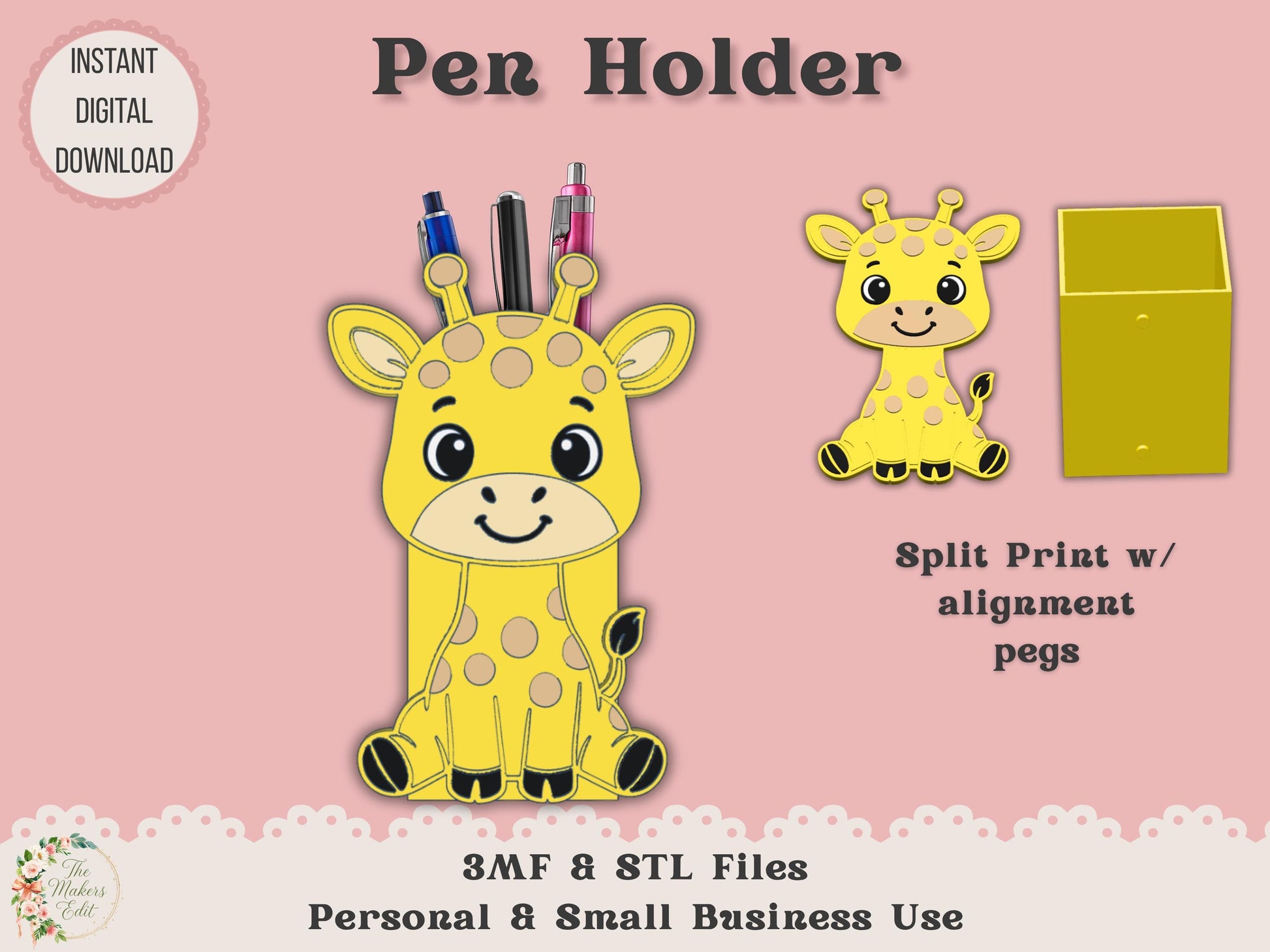 Pen Holder 3D Printer File | Cute Giraffe | STL 3MF | Commercial Use | Multi-Color 3MF | STL File