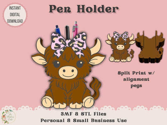 Pen Holder 3D Printer File | Highland Cow with Leopard Print Bow STL 3MF | Commercial Use | Desk Organizer