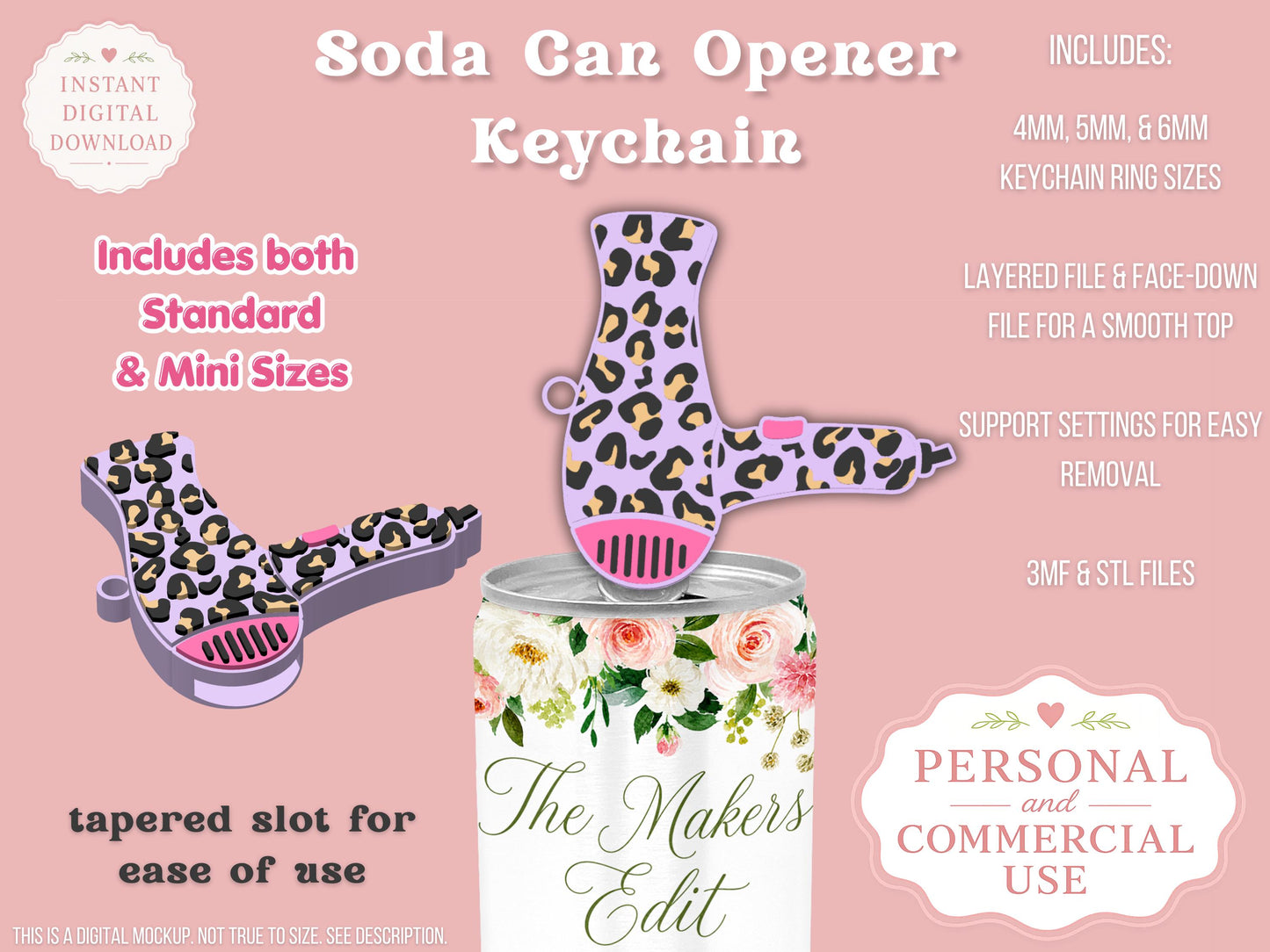 Soda Can Tab Opener Keychain 3D Printer File | Leopard Print Hair Dryer | STL 3MF | Commercial Use | Nail Saver Keychain
