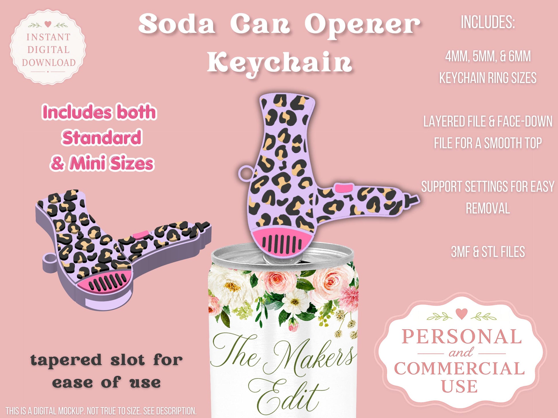 Soda Can Tab Opener Keychain 3D Printer File | Leopard Print Hair Dryer | STL 3MF | Commercial Use | Nail Saver Keychain