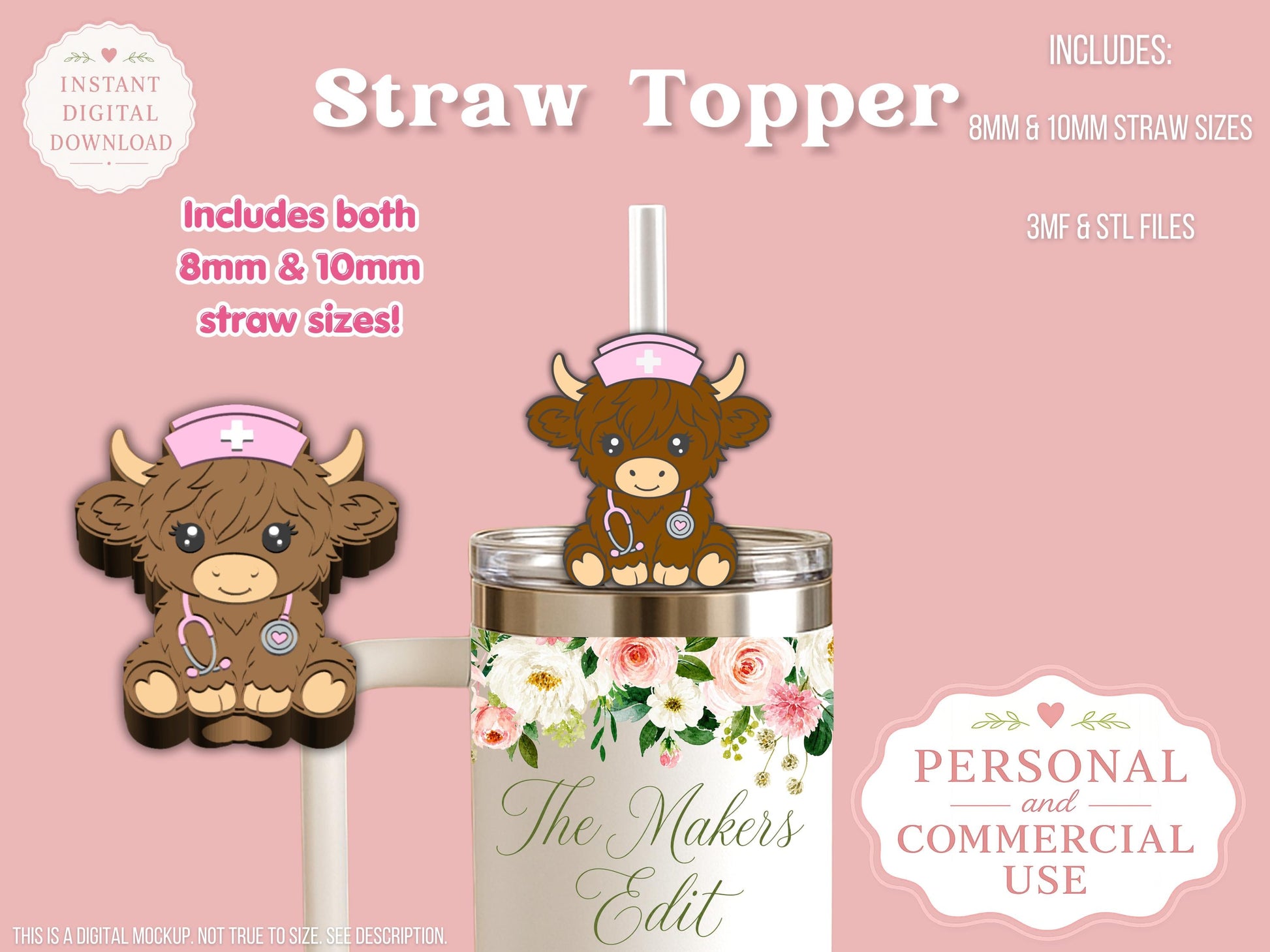 Straw Topper 3D Printer File | Nurse Highland Cow 3MF STL | Fits 10mm & 8mm Straws | Commercial Use | Tumbler Accessories