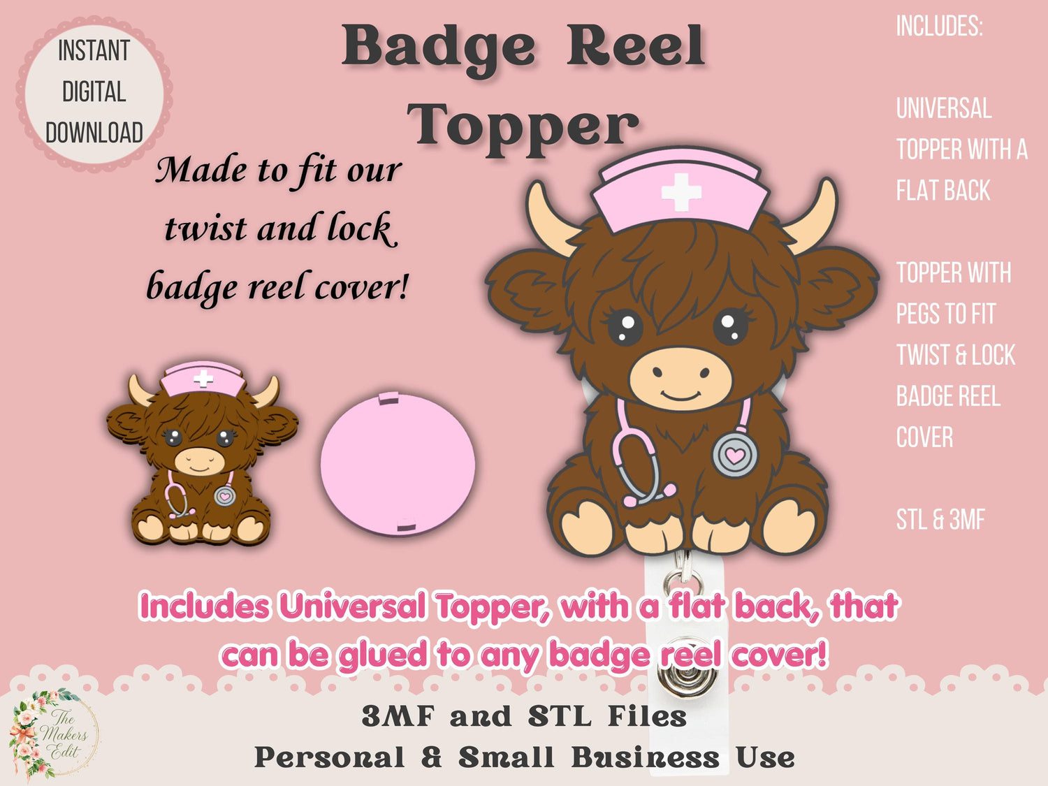 Badge Reel Topper 3D Printer File | Nurse Highland Cow STL 3MF | Teacher