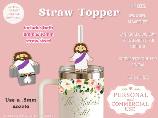 Straw Topper 3D Printer File | Mini Jesus STL 3MF | Fits 10mm & 8mm Straws | STL 3MF | Commercial Use | Tumbler Accessories