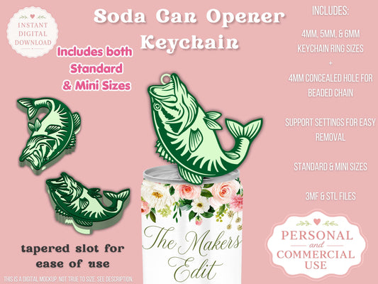 Soda Can Tab Opener Keychain 3D Printer File | Bass Fish | STL 3MF | Commercial Use | Nail Saver Keychain