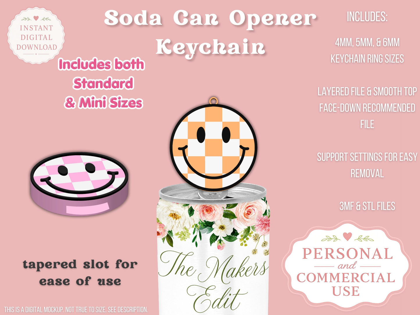 Soda Can Tab Opener Keychain 3D Printer File | Groovy Checkered Smiley Face | STL 3MF | Commercial Use | Nail Saver Keychain