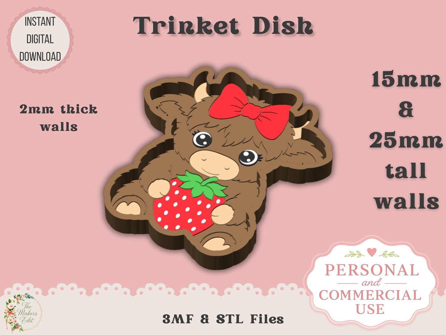 Trinket Dish 3D Printer File | Highland Cow with Strawberry & Bow | STL 3MF | Commercial Use | Multi-Color 3MF | STL File