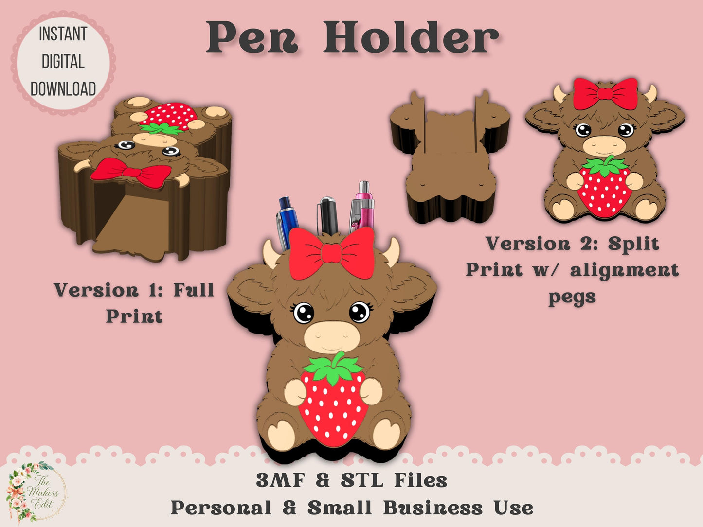 Pen Holder 3D Printer File | Highland Cow with Strawberry & Bow | STL 3MF | Commercial Use | Multi-Color 3MF | STL File