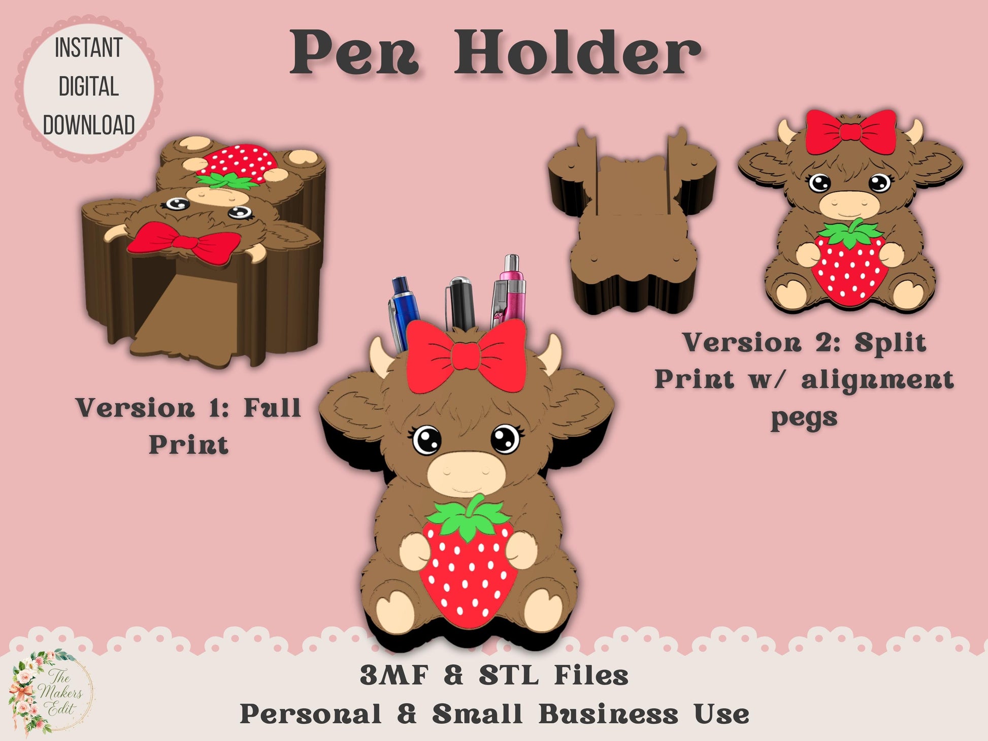 Pen Holder 3D Printer File | Highland Cow with Strawberry & Bow | STL 3MF | Commercial Use | Multi-Color 3MF | STL File