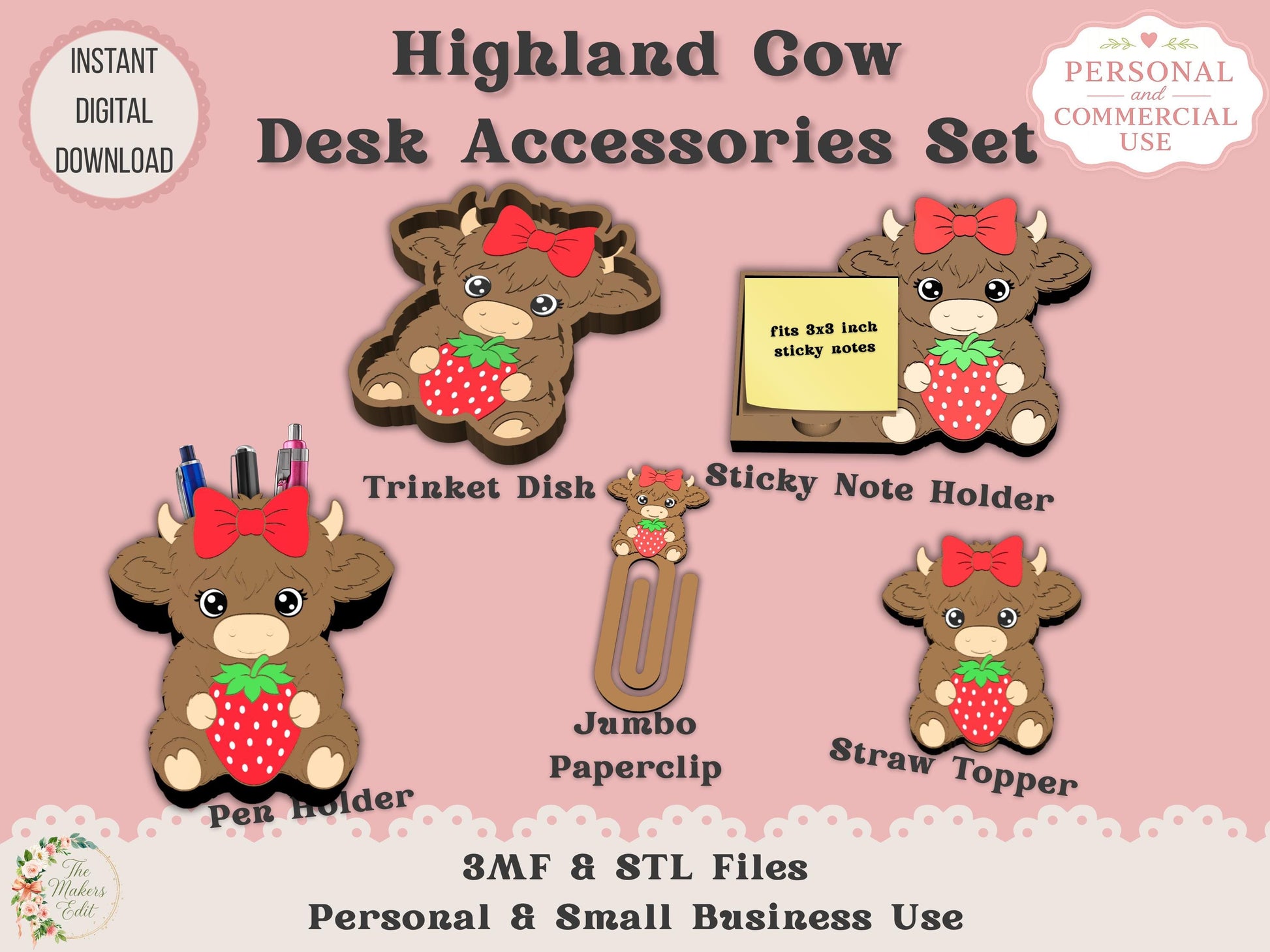 Highland Cow Strawberry Desk Accessories Bundle 3D Printer File | STL 3MF | Commercial Use | Multi-Color 3MF | STL File