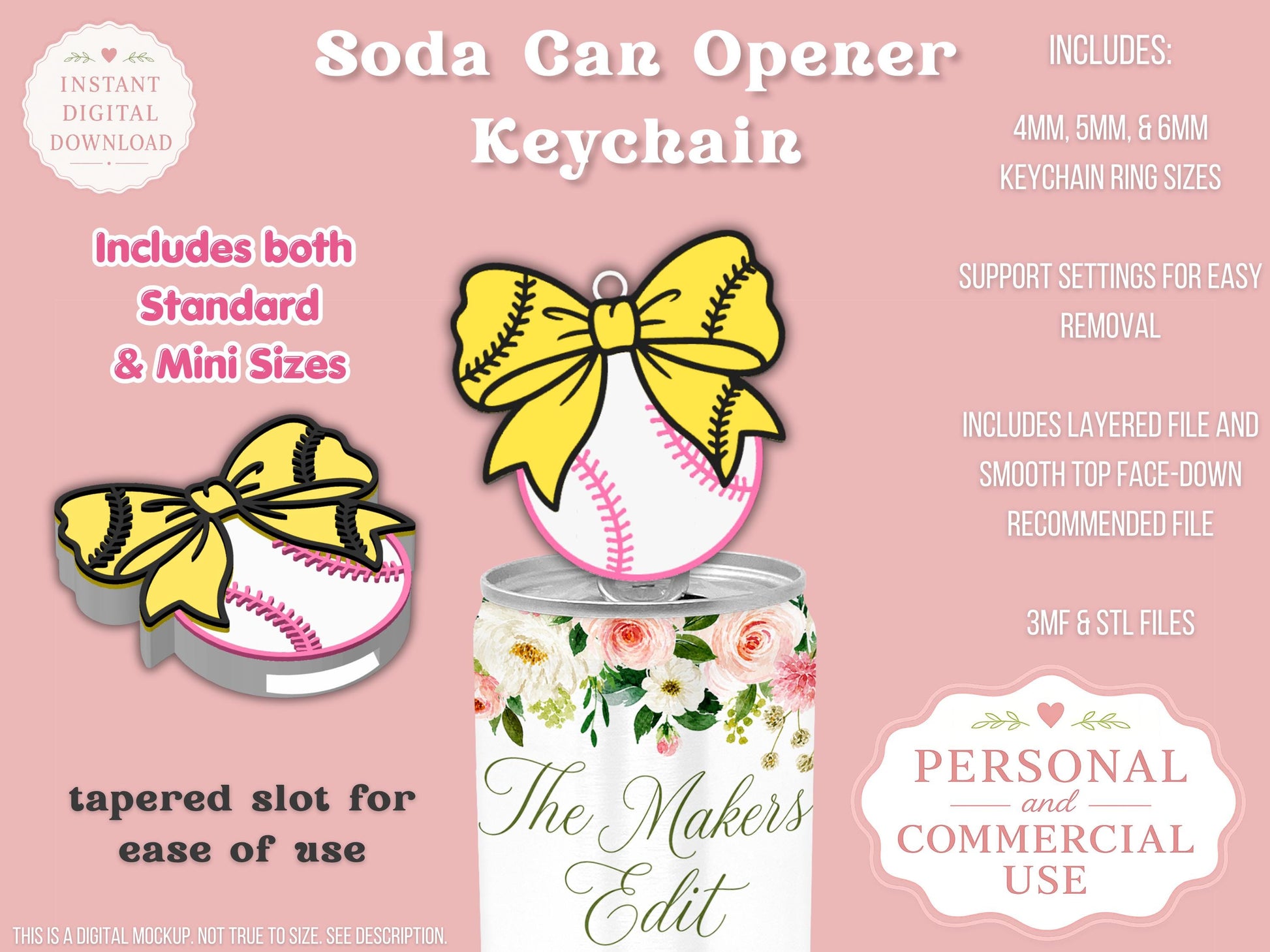 Soda Can Opener 3D Printer File | Softball Baseball Coquette Bow STL 3MF | Commercial Use | Nail Saver Keychain