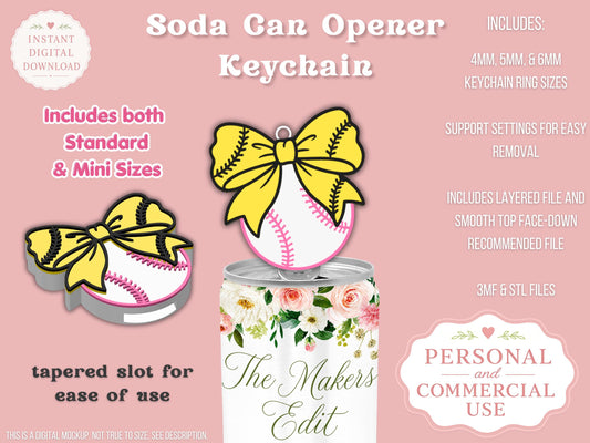 Soda Can Opener 3D Printer File | Softball Baseball Coquette Bow STL 3MF | Commercial Use | Nail Saver Keychain