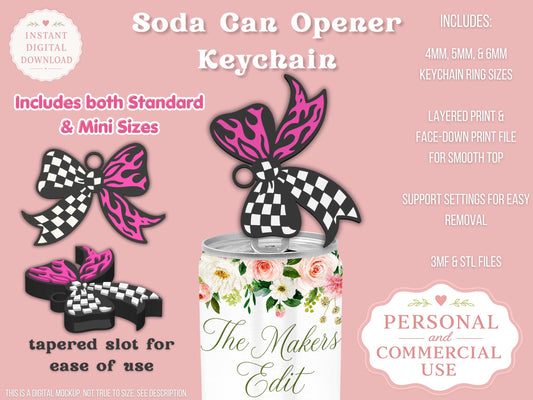 Soda Can Opener 3D Printer File | Race Girl Coquette Bow STL 3MF | Commercial Use | Nail Saver Keychain