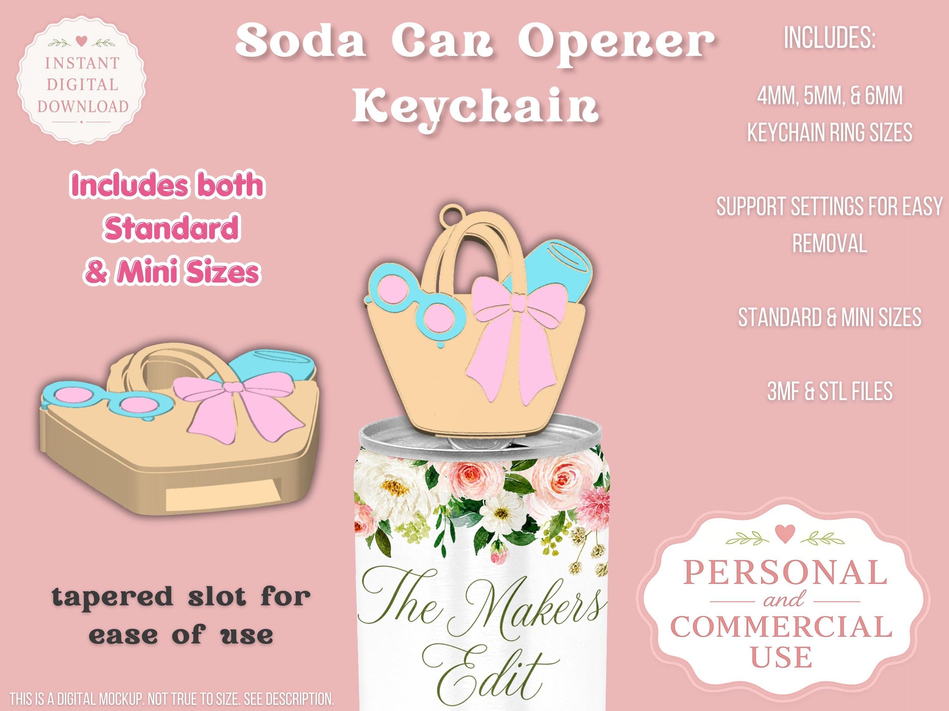 Soda Can Tab Opener Keychain 3D Printer File | Beach Bag Coquette Bow STL 3MF | Commercial Use | Nail Saver Keychain