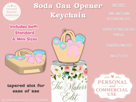 Soda Can Tab Opener Keychain 3D Printer File | Beach Bag Coquette Bow STL 3MF | Commercial Use | Nail Saver Keychain