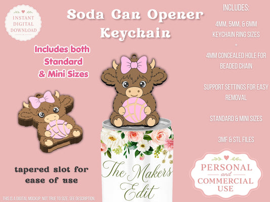 Soda Can Opener 3D Printer File | Highland Cow Concha Coquette Bow STL 3MF | Commercial Use | Nail Saver Keychain