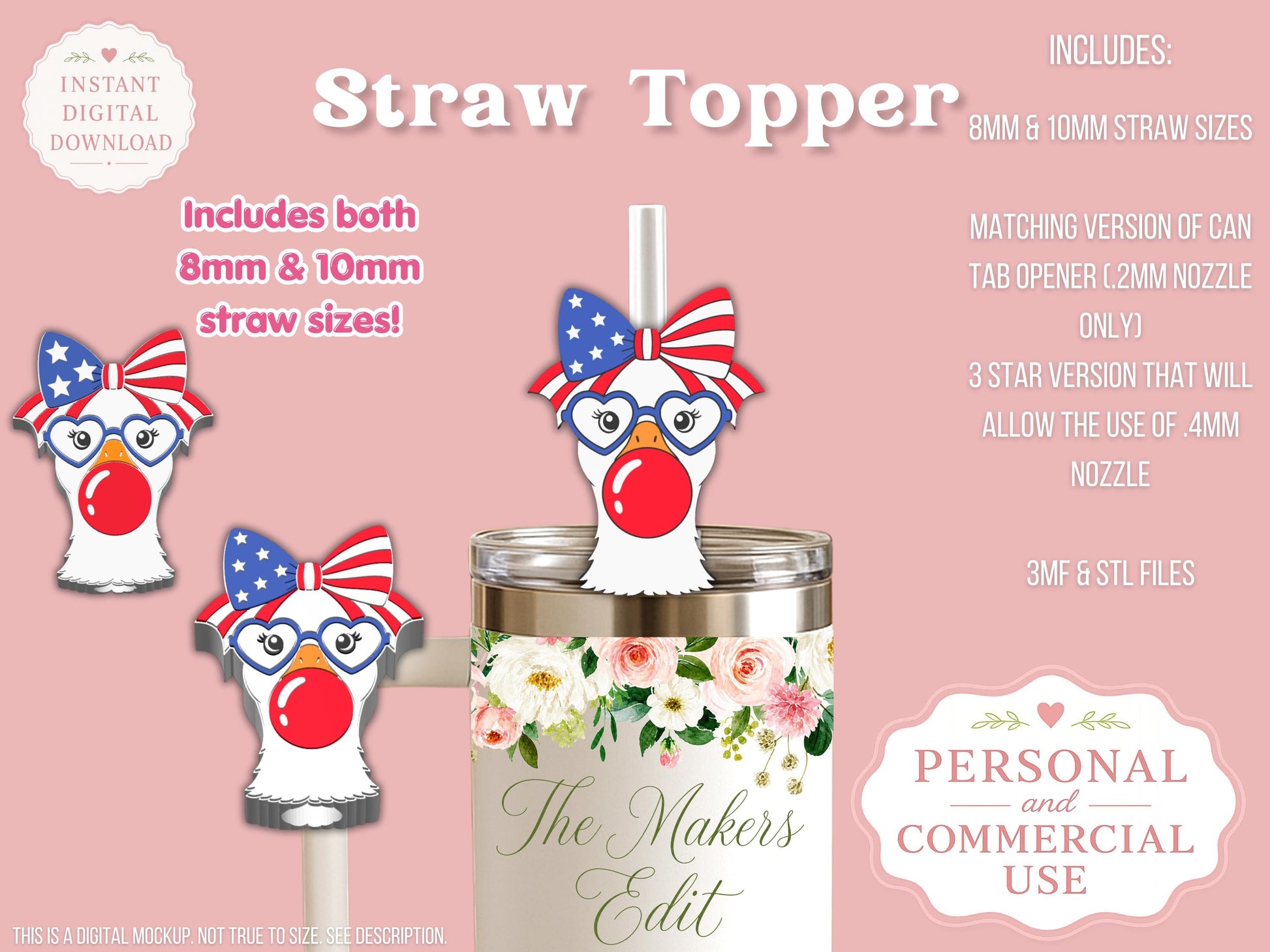 Straw Topper 3D Printer File | Fourth of July Goose Coquette Bow 3MF STL | Fits 10mm & 8mm Straws | Commercial Use | Tumbler Accessories
