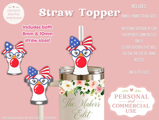 Straw Topper 3D Printer File | Fourth of July Goose Coquette Bow 3MF STL | Fits 10mm & 8mm Straws | Commercial Use | Tumbler Accessories