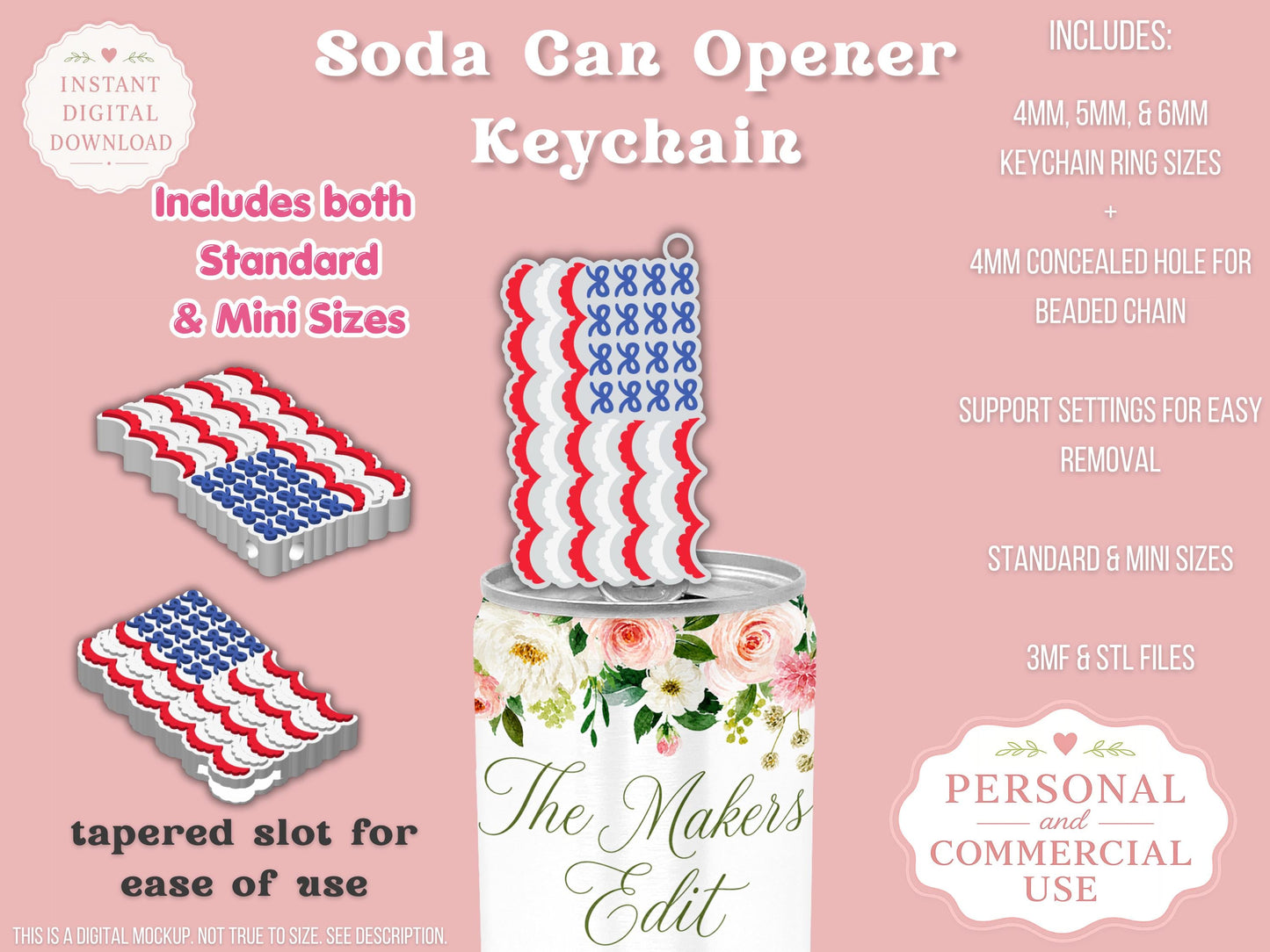 Soda Can Tab Opener Keychain 3D Printer File | Scalloped American Flag Coquette Bow STL 3MF | Commercial Use | Nail Saver Keychain