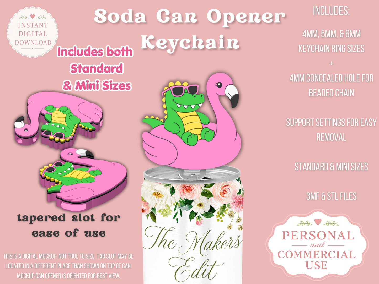 Soda Can Tab Opener Keychain 3D Printer File | Alligator Flamingo Pool Float Coquette Bow STL 3MF | Commercial Use | Nail Saver Keychain