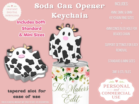 Soda Can Tab Opener Keychain 3D Printer File | Ghost Cow STL 3MF | Commercial Use | Nail Saver Keychain