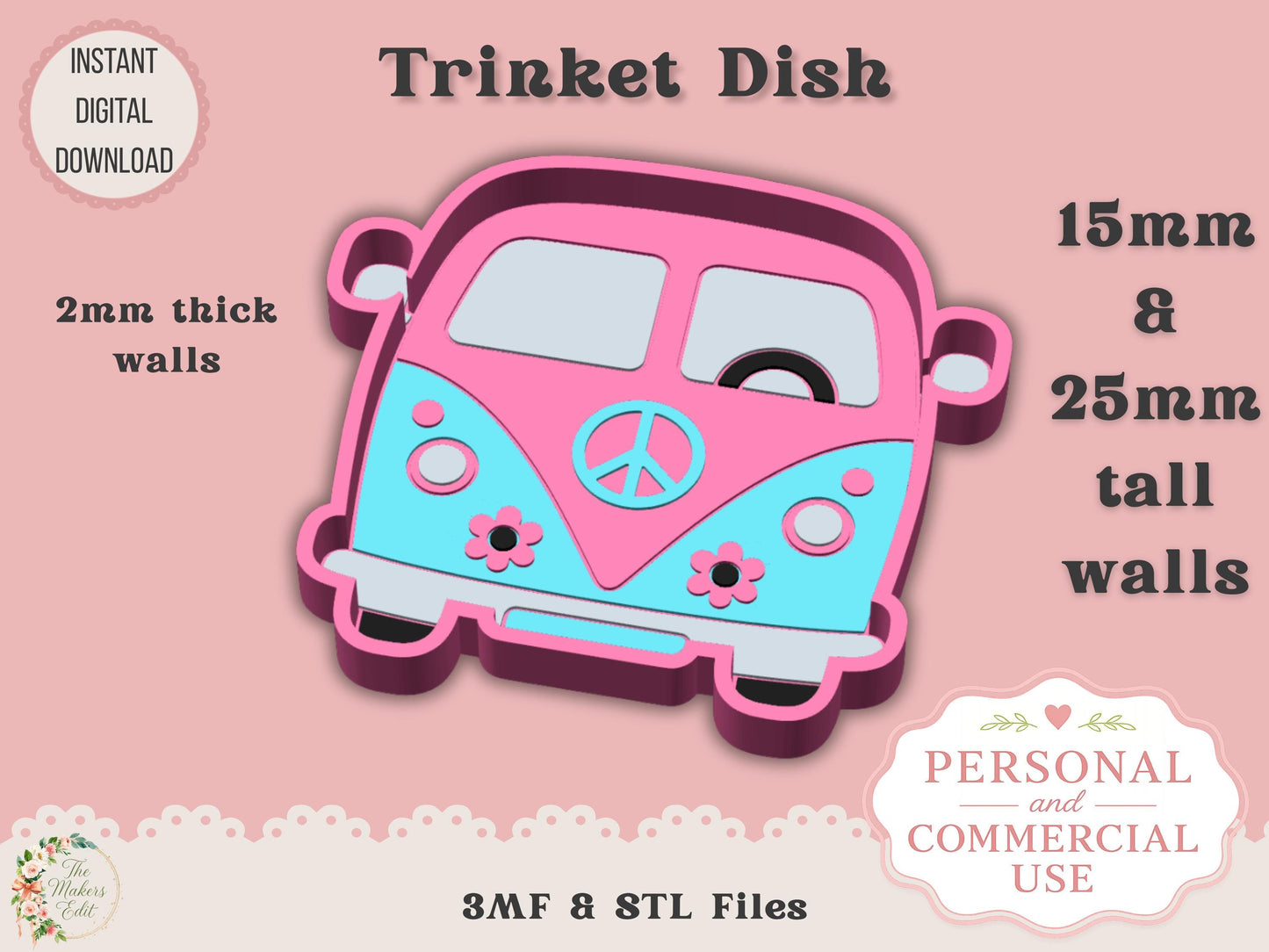 Trinket Dish 3D Printer File | Groovy Van STL 3MF | Commercial Use
