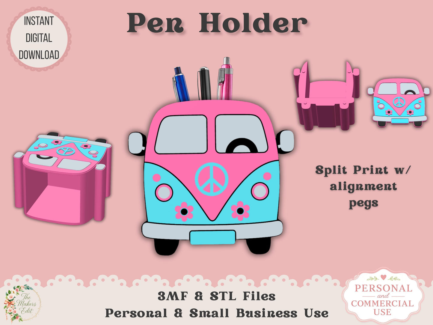 Pen Holder 3D Printer File | Groovy Van STL 3MF | Commercial Use | Desk Organizer