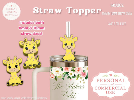 Straw Topper 3D Printer File | Cute Giraffe STL 3MF | Fits 10mm & 8mm Straws | STL 3MF | Commercial Use | Tumbler Accessories
