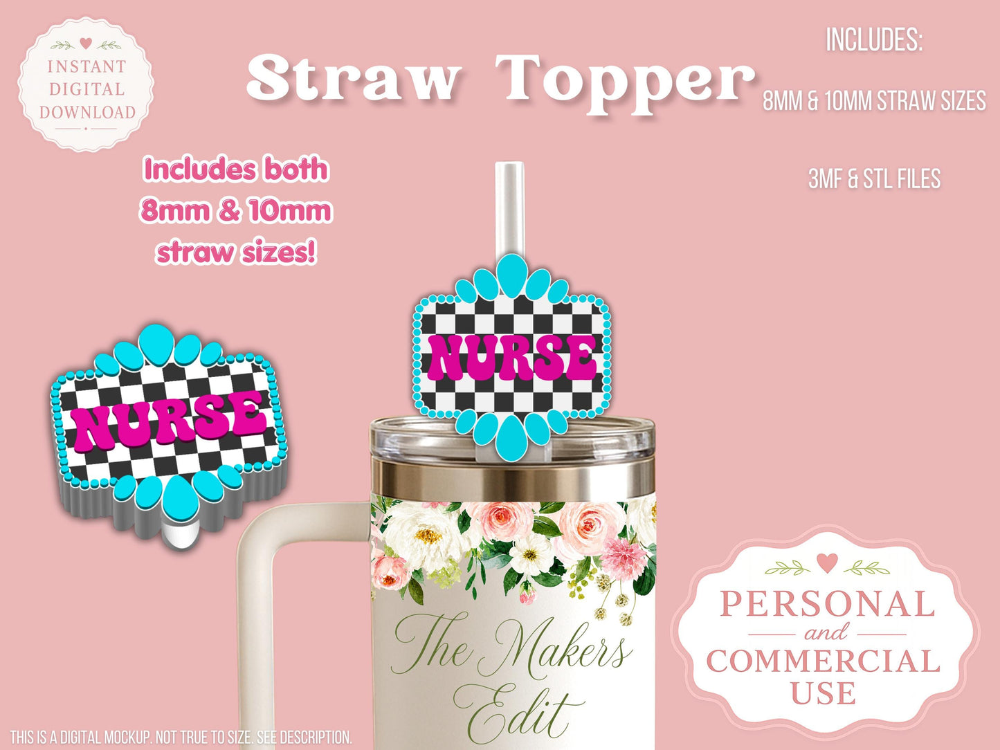 Straw Topper 3D Printer File | Nurse Turquoise Gemstone Checkered STL 3MF | Fits 10mm & 8mm Straws | STL 3MF | Commercial Use
