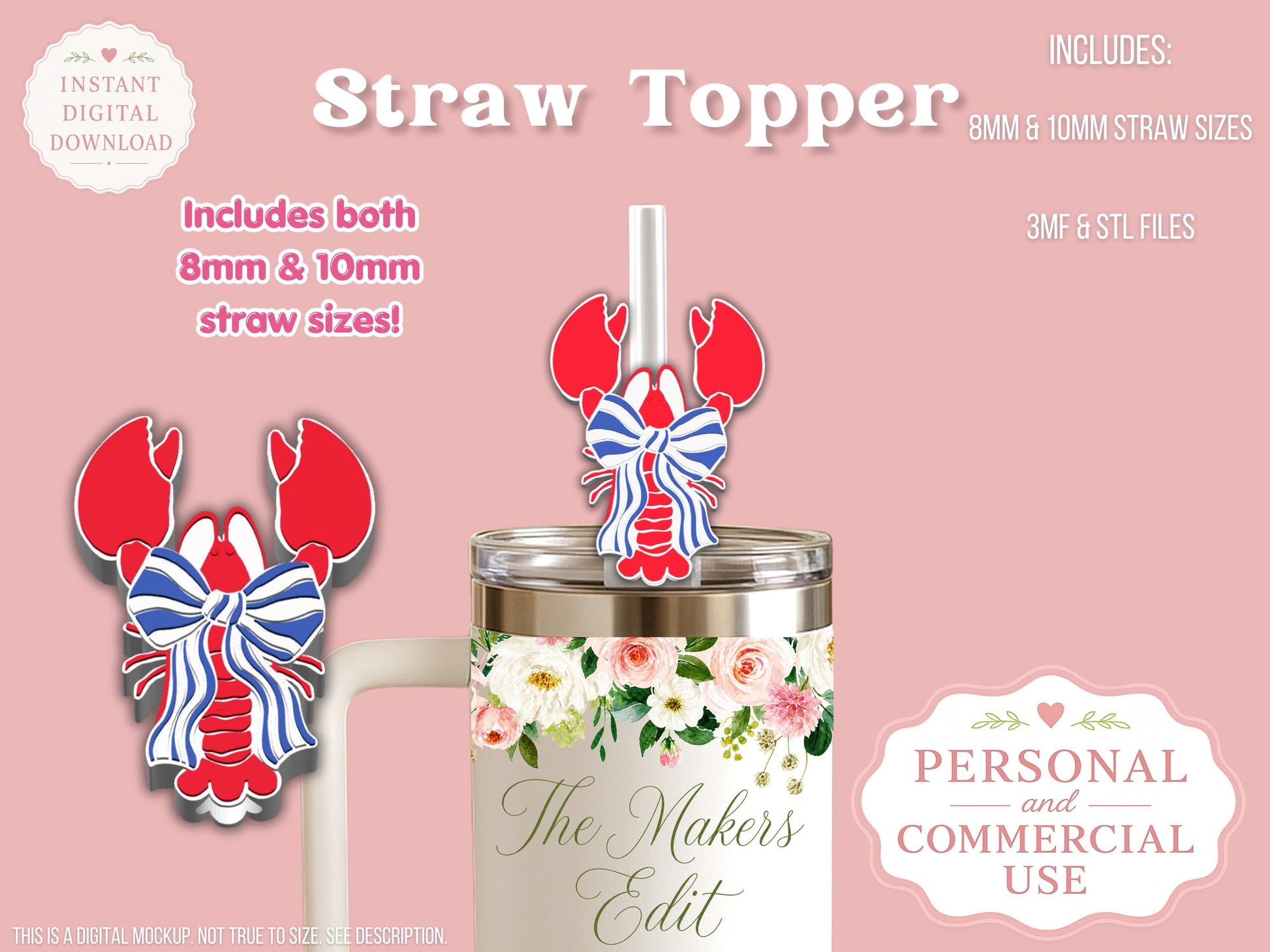 Straw Topper 3D Printer File | Lobster Striped Coquette Bow STL 3MF | Fits 10mm & 8mm Straws | STL 3MF | Commercial Use