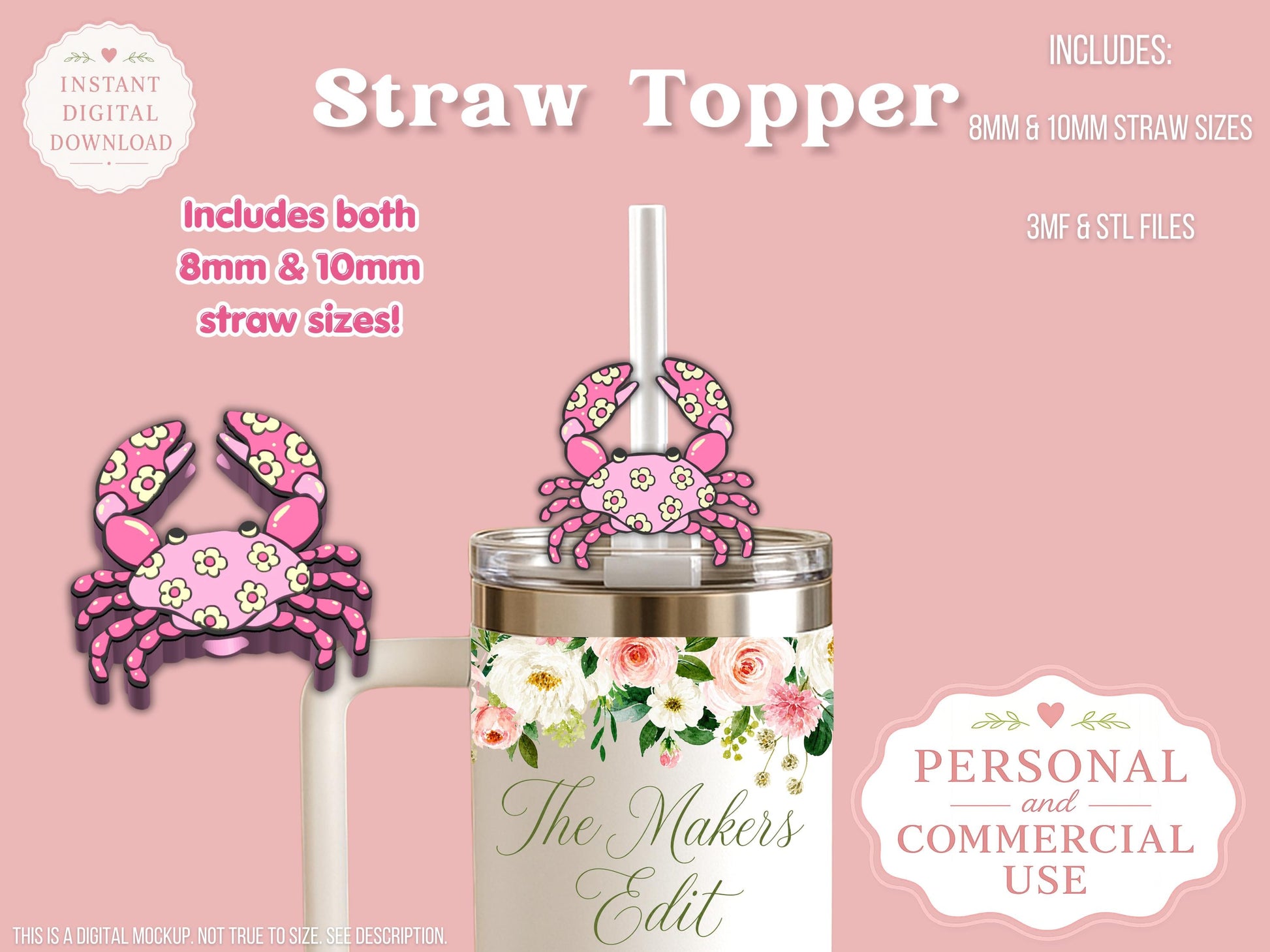 Straw Topper 3D Printer File | Groovy Crab STL 3MF | Fits 10mm & 8mm Straws | STL 3MF | Commercial Use