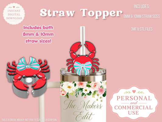 Straw Topper 3D Printer File | Crab Striped Coquette Bow STL 3MF | Fits 10mm & 8mm Straws | STL 3MF | Commercial Use