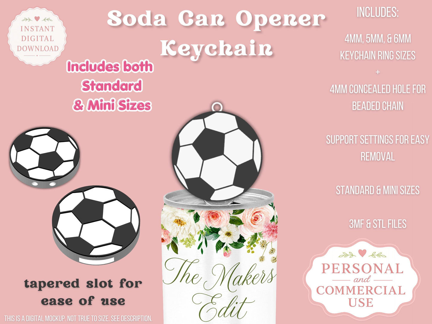Soda Can Tab Opener Keychain 3D Printer File | Soccer Ball | STL 3MF | Commercial Use | Nail Saver Keychain