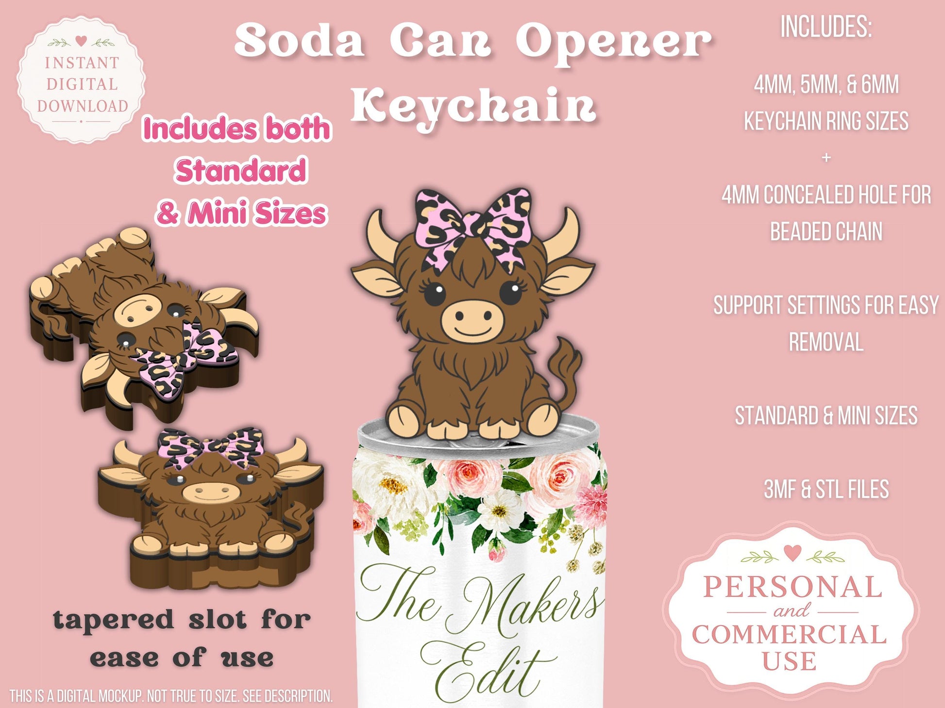 Soda Can Tab Opener 3D Printer File | Highland Cow Leopard Print Coquette Bow STL 3MF | Commercial Use