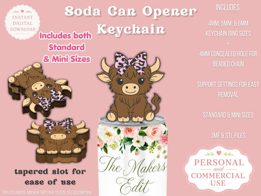 Soda Can Tab Opener 3D Printer File | Highland Cow Leopard Print Coquette Bow STL 3MF | Commercial Use