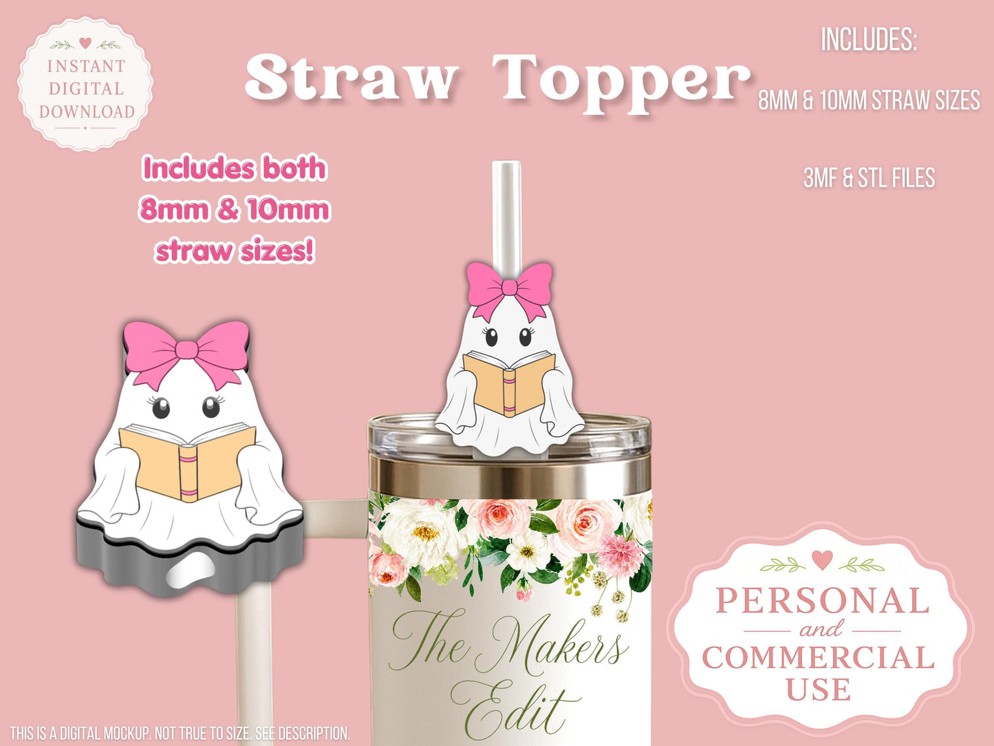 Straw Topper 3D Printer File | Bookish Ghost STL 3MF | Fits 10mm & 8mm Straws | Commercial Use | Tumbler Accessories