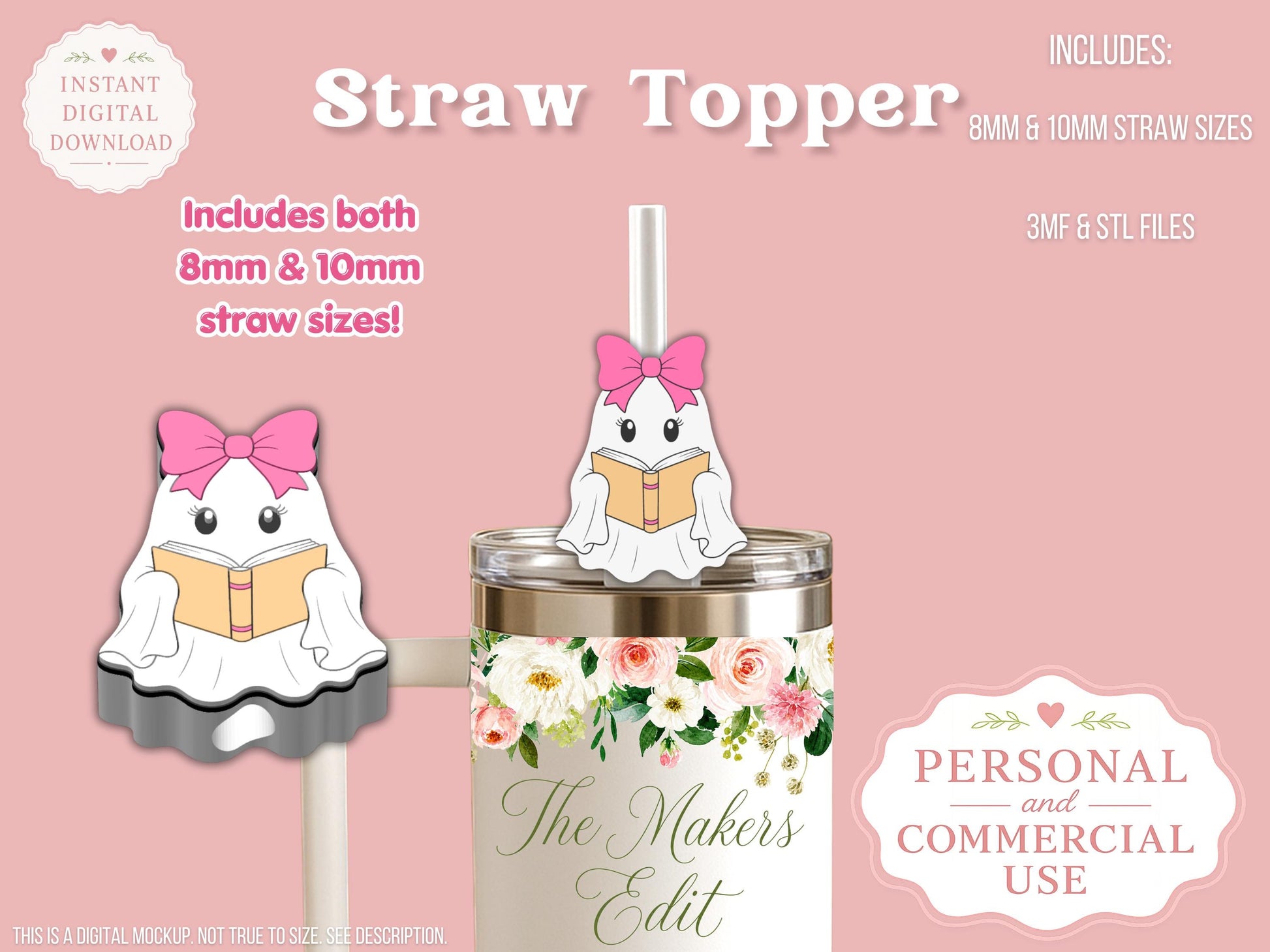 Straw Topper 3D Printer File | Bookish Ghost STL 3MF | Fits 10mm & 8mm Straws | Commercial Use | Tumbler Accessories