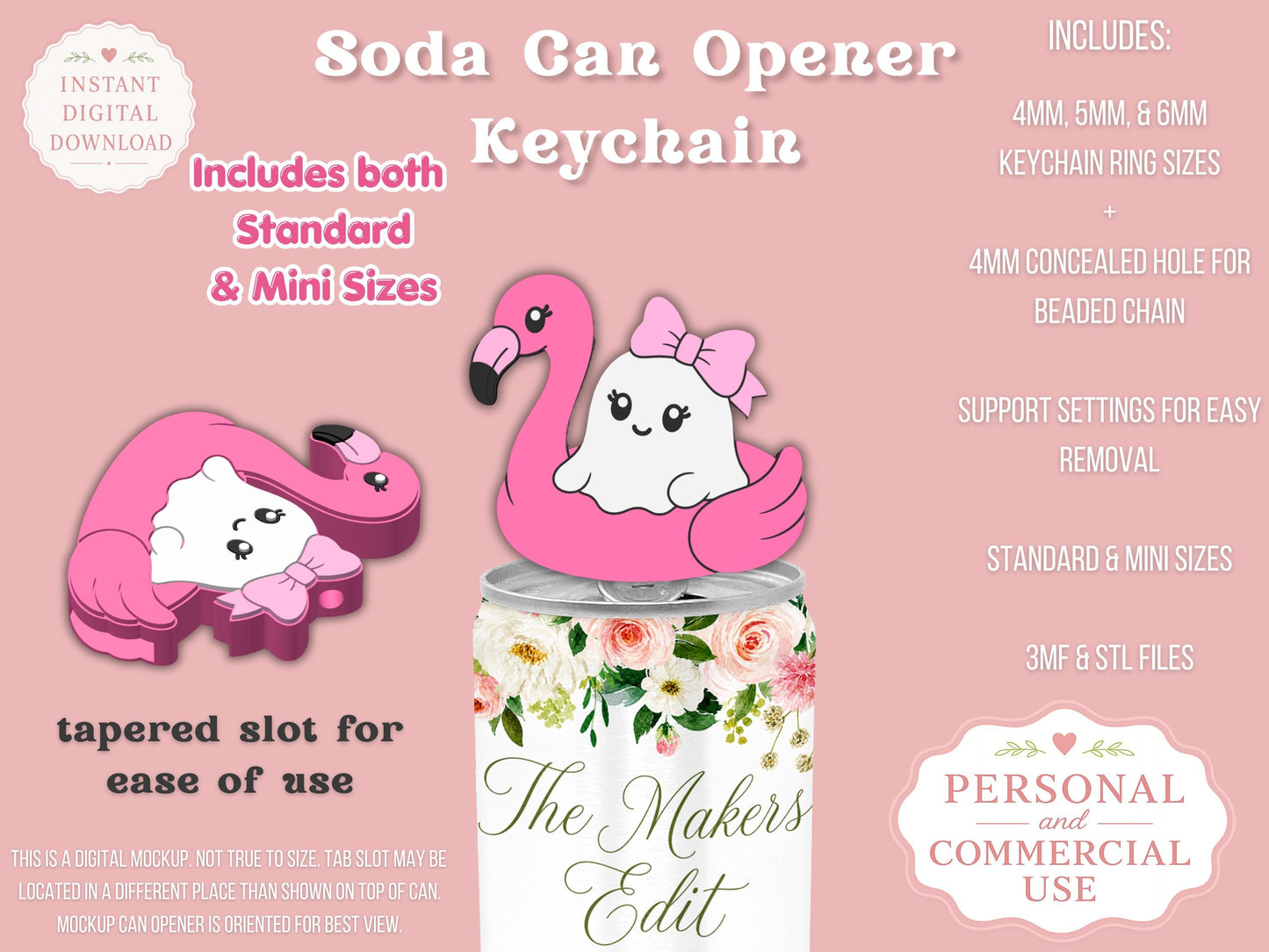Soda Can Tab Opener Keychain 3D Printer File | Ghost Flamingo Pool Float Coquette Bow STL 3MF | Commercial Use | Nail Saver Keychain