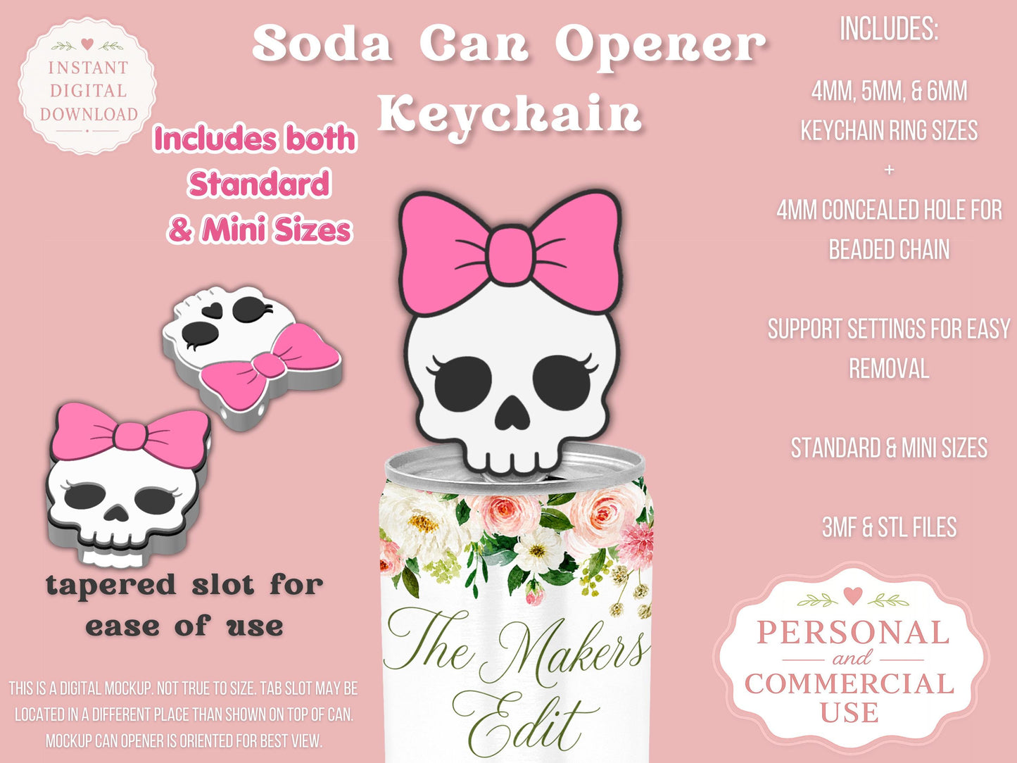 Soda Can Tab Opener Keychain 3D Printer File | Skeleton Coquette Bow STL 3MF | Commercial Use | Nail Saver Keychain