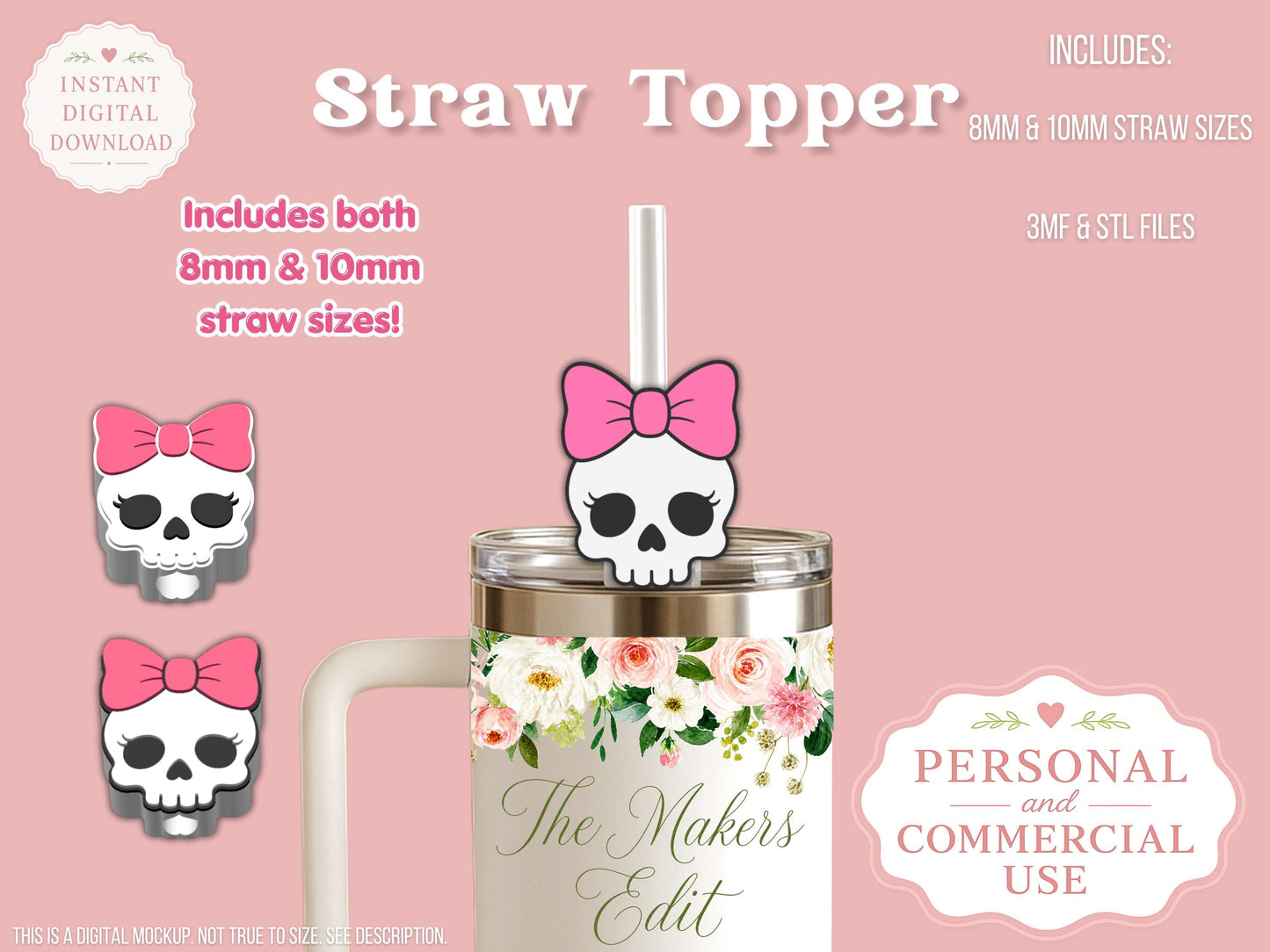 Straw Topper 3D Printer File | Skeleton Coquette Bow STL 3MF | Fits 10mm & 8mm Straws | STL 3MF | Commercial Use | Tumbler Accessories