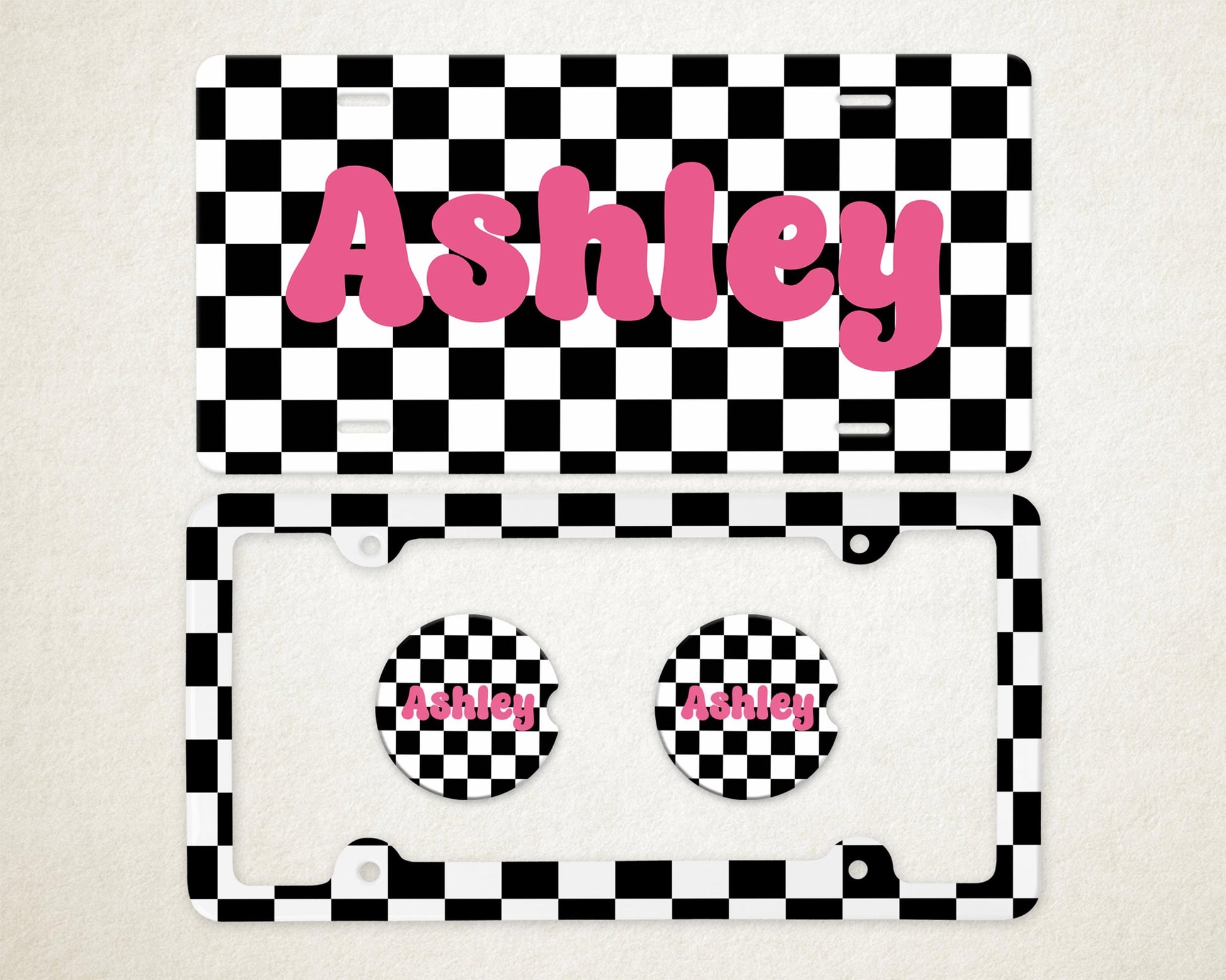Personalized Car Accessories Set | Front License Plate, License Plate Frame, and Coasters | Checkered Retro Bubble Letters