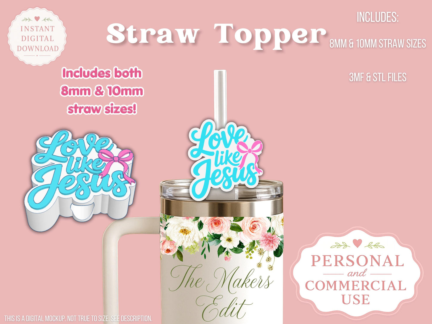 Straw Topper 3D Printer File | Love Like Jesus STL 3MF | Fits 10mm & 8mm Straws | STL 3MF | Commercial Use | Tumbler Accessories