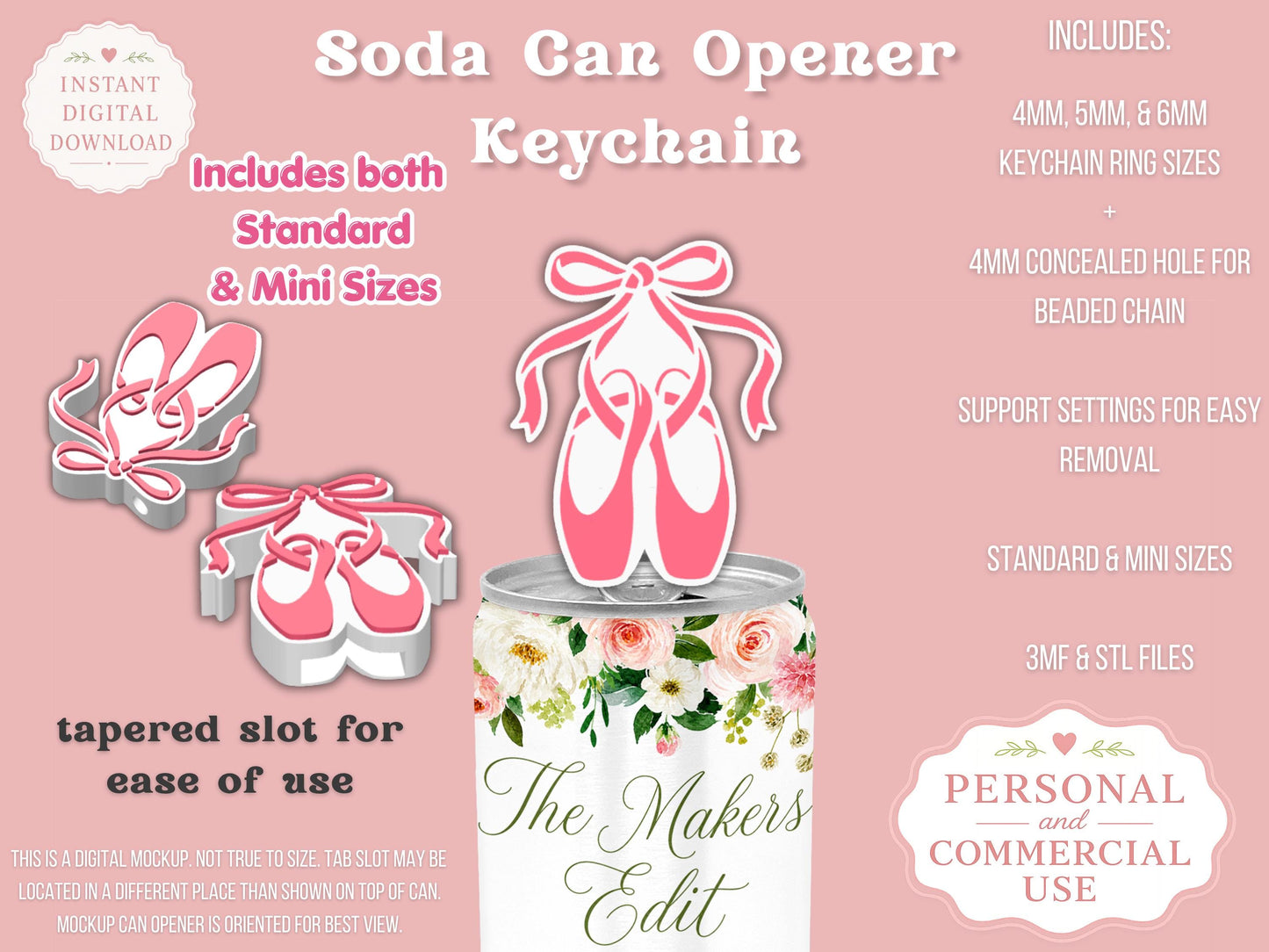 Soda Can Tab Opener Keychain 3D Printer File | Ballet Shoes Dance | STL 3MF | Commercial Use | Nail Saver Keychain