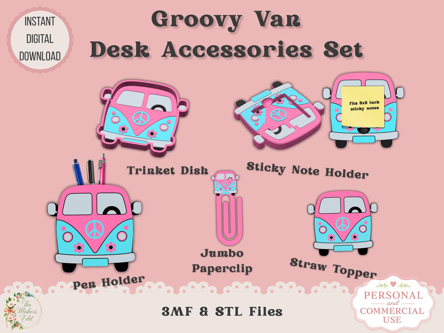 Groovy Van Desk Accessories Bundle 3D Printer File | STL 3MF | Commercial Use