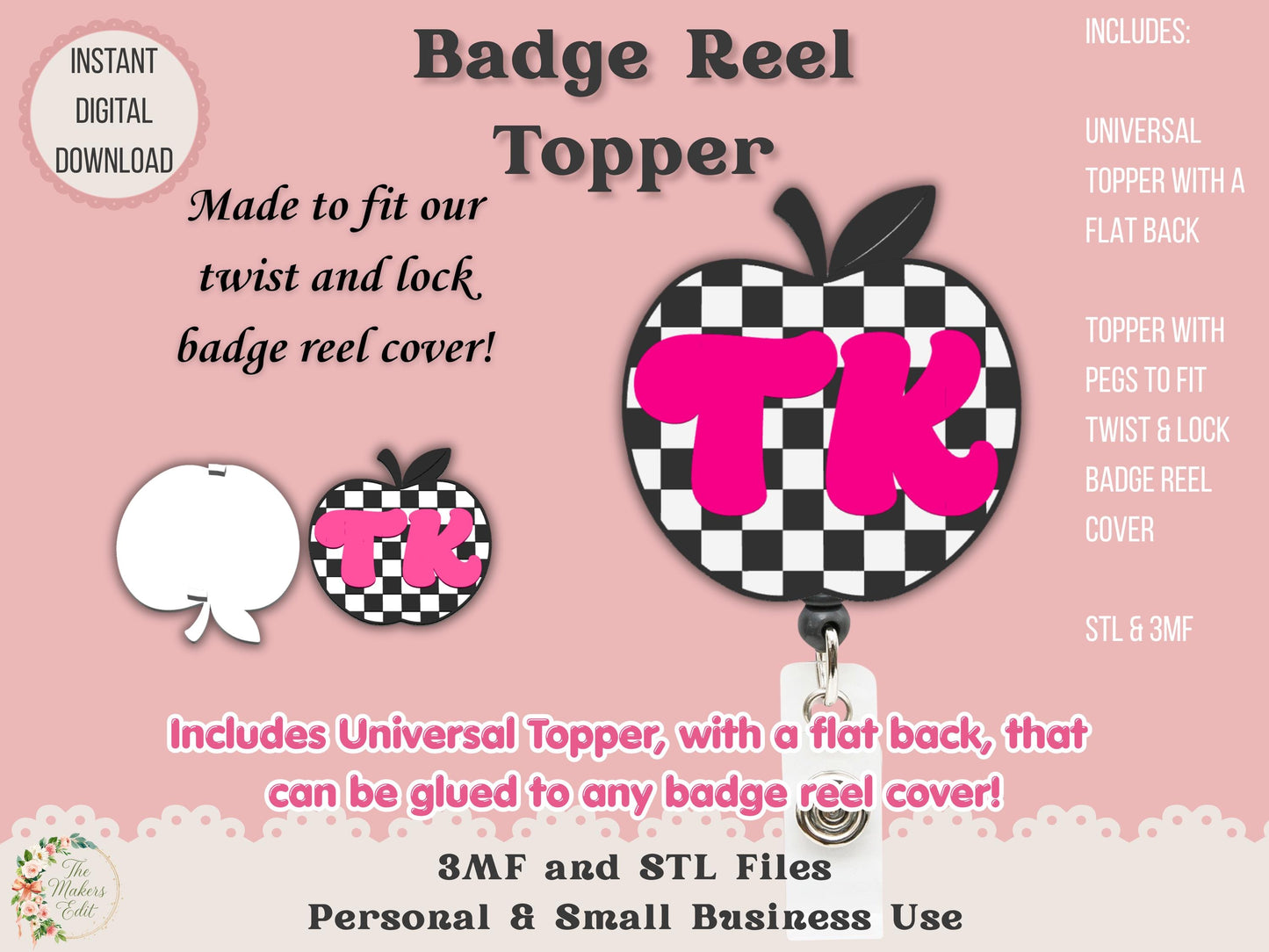Badge Reel Topper 3D Printer File | TK Checkered Apple STL 3MF | Teacher